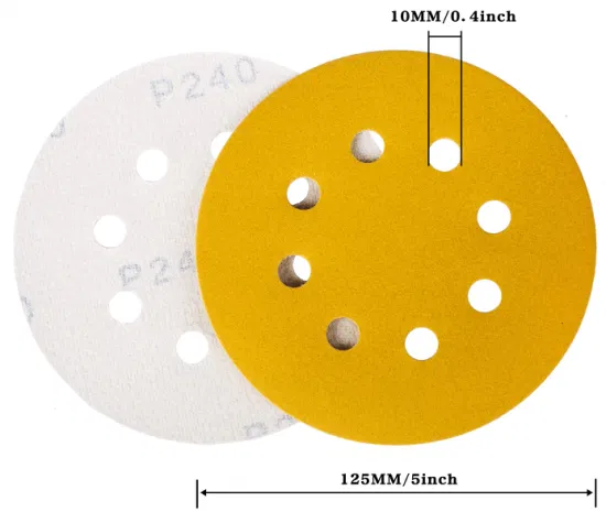Disque de ponçage jaune de 4 pouces, 8 trous, disque abrasif en papier de verre en oxyde d'aluminium de 5 pouces